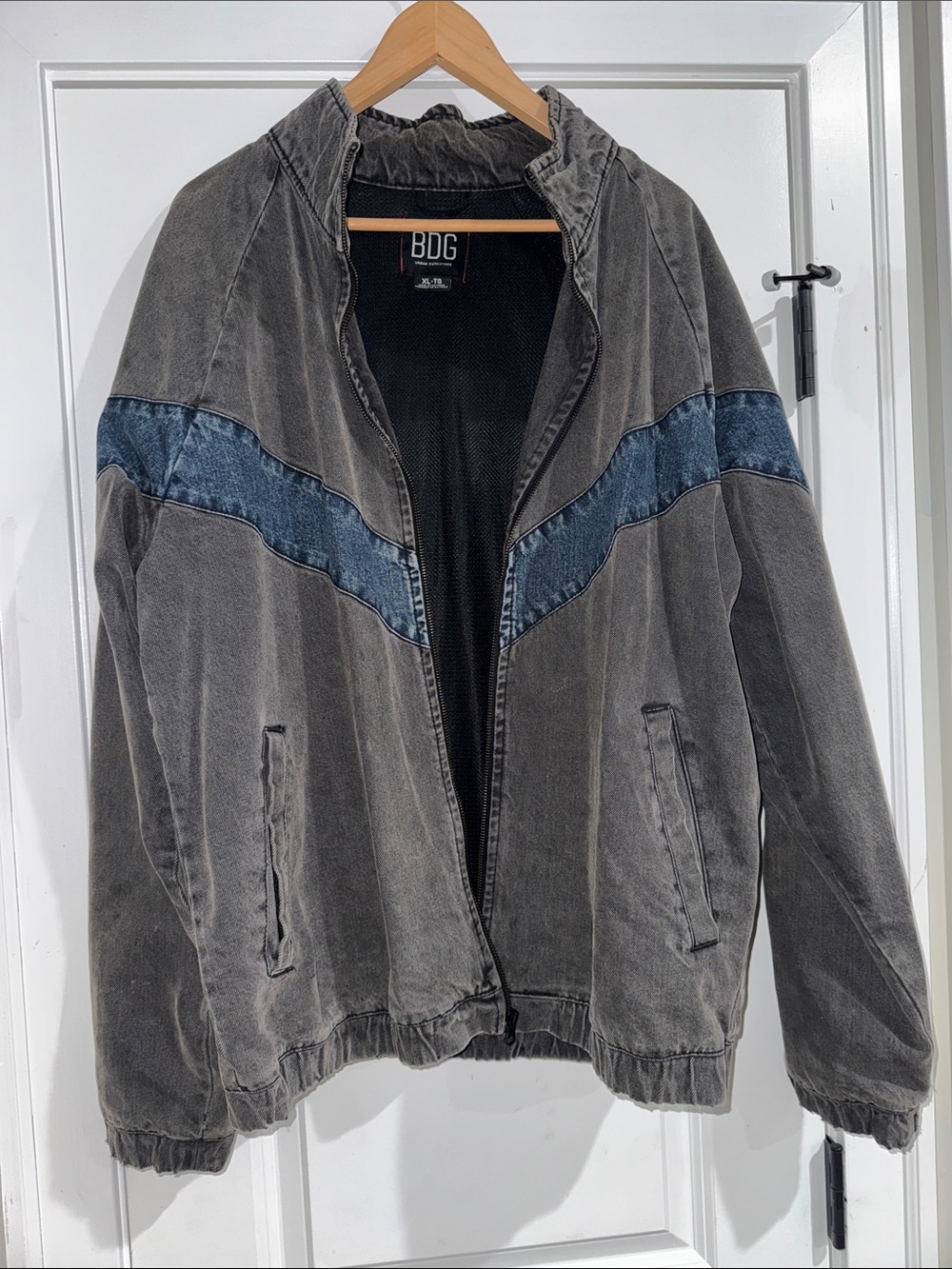 BDG Gray Bomber Jacket with Blue Chevron Accent
